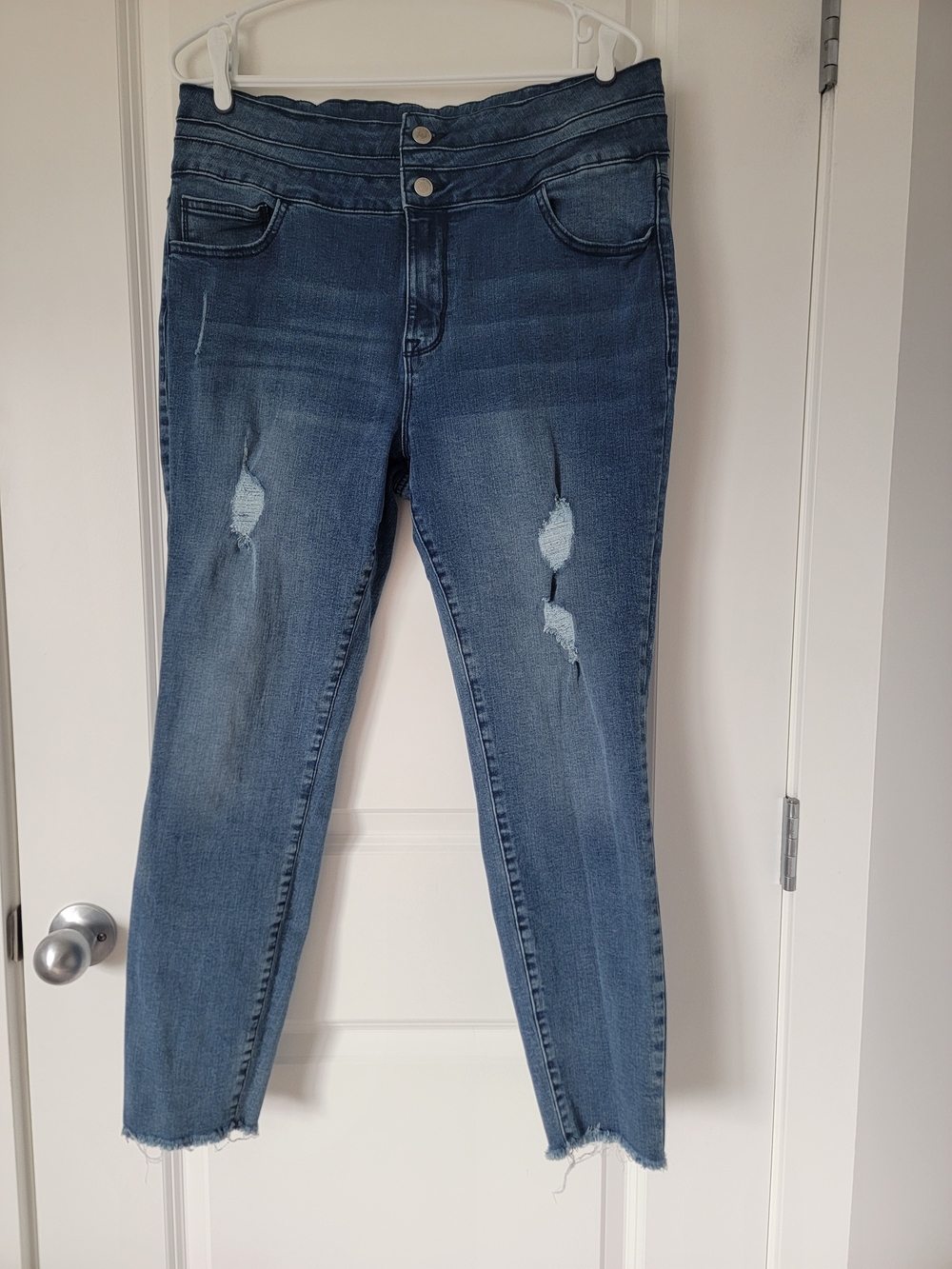 Distressed Mid-Blue Ankle Skinny Jeans